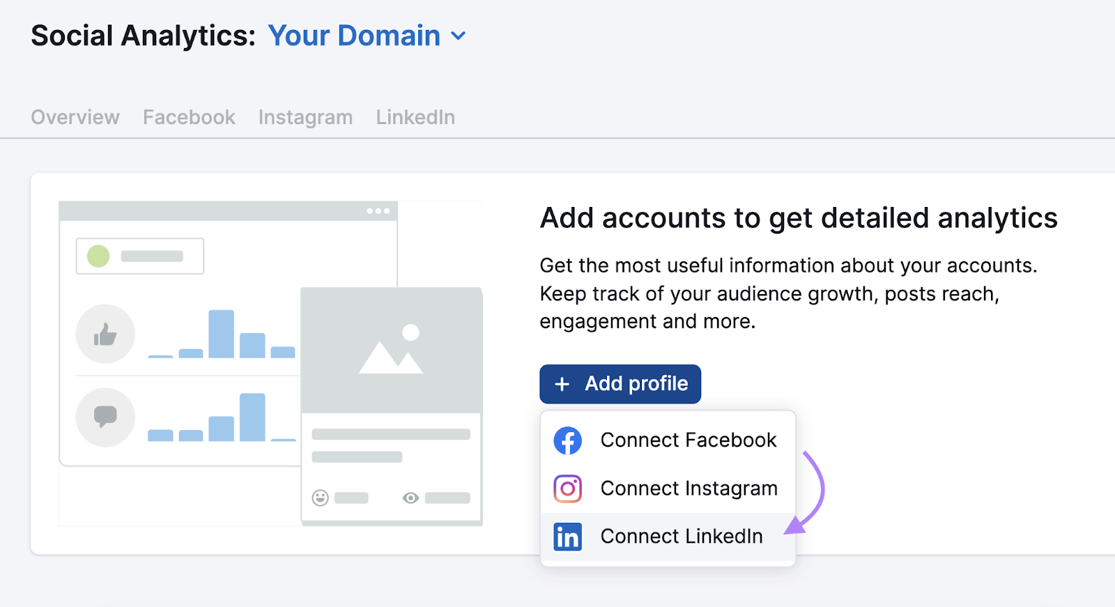 "Connect LinkedIn" button in Social Analytics tool