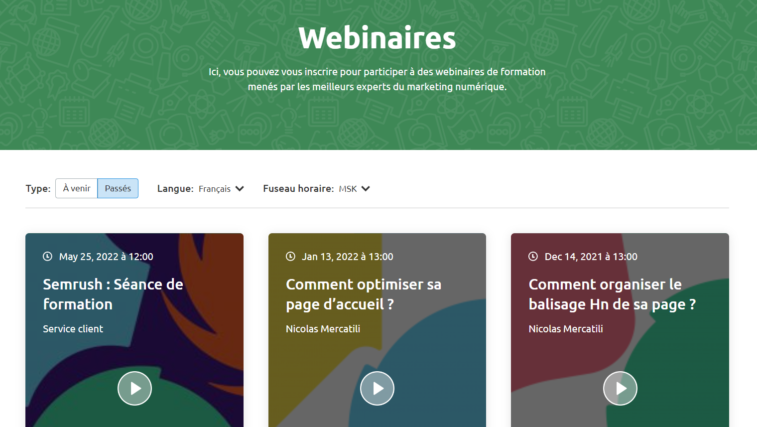 page webinaires Semrush