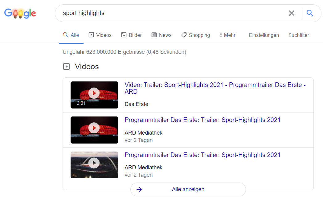 SERP-Funktion Videos