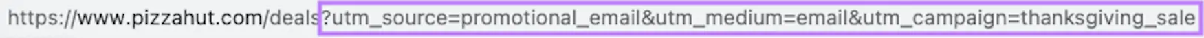 UTM codification  astatine  the extremity  of a URL with the UTM source, mean   and run  highlighted