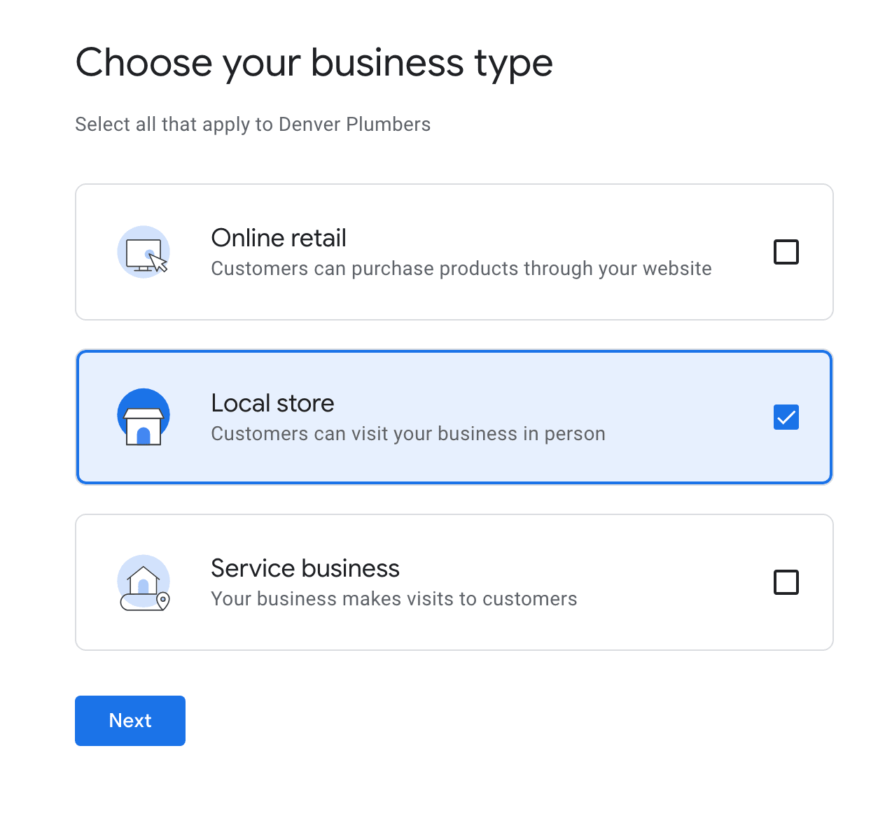 "Local store" selected under "Choose your business type" window in GBP settings