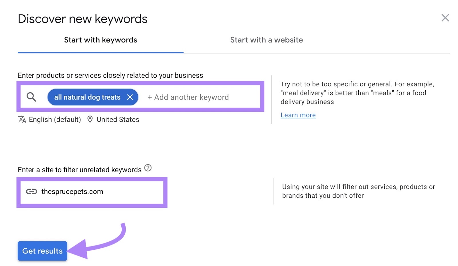 As configurações de "Discover new keywords" (Descobrir novas palavras-chave) com uma palavra-chave inicial e um domínio inseridos e a opção "Get results" (Obter resultados) clicada.