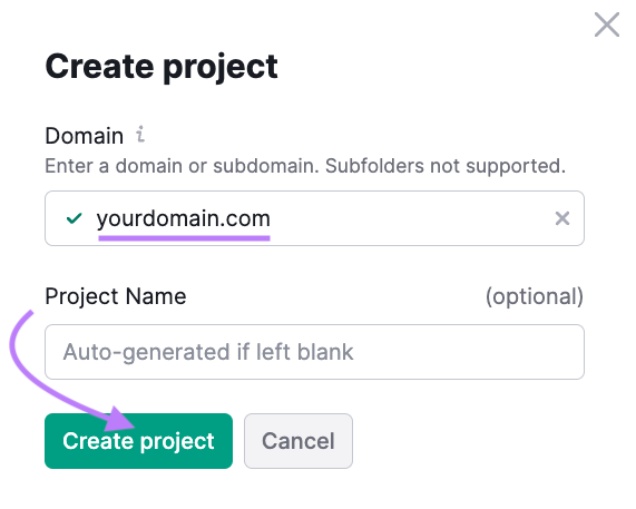 "Create project" window in Site Audit tool