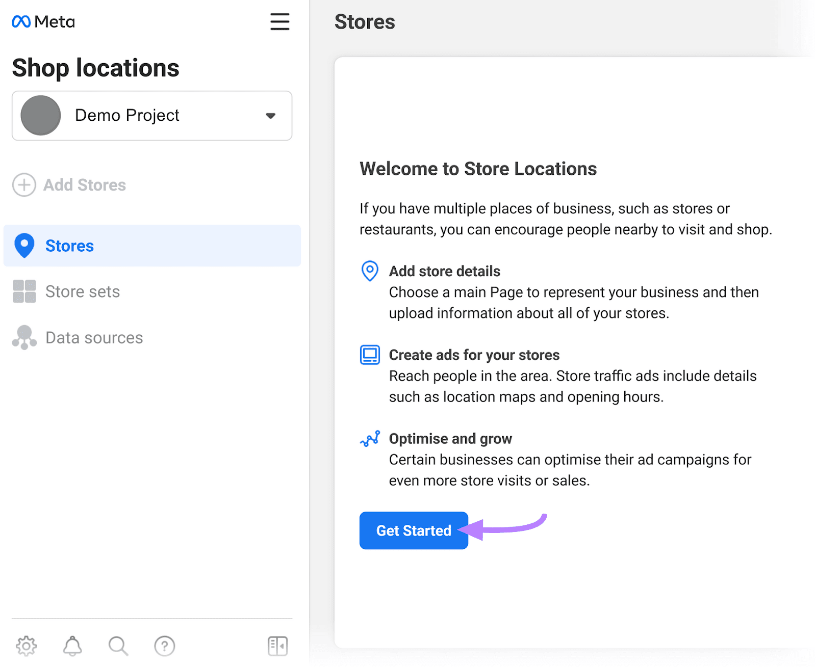 “Get Started" button selected on the Store Locations page
