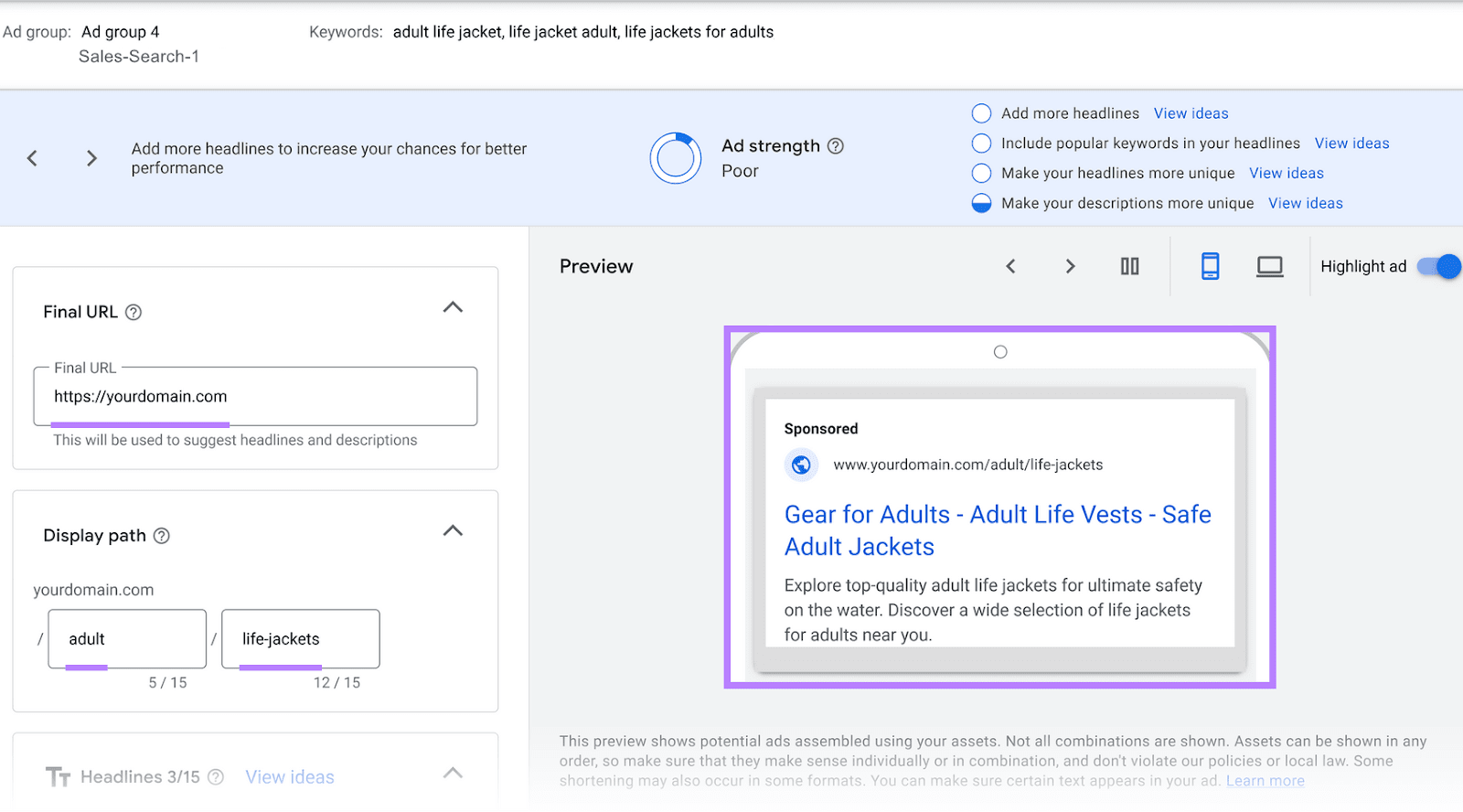 Ad creation interface with form fields for the URL and display path, and a preview of a sponsored ad for adult life jackets.