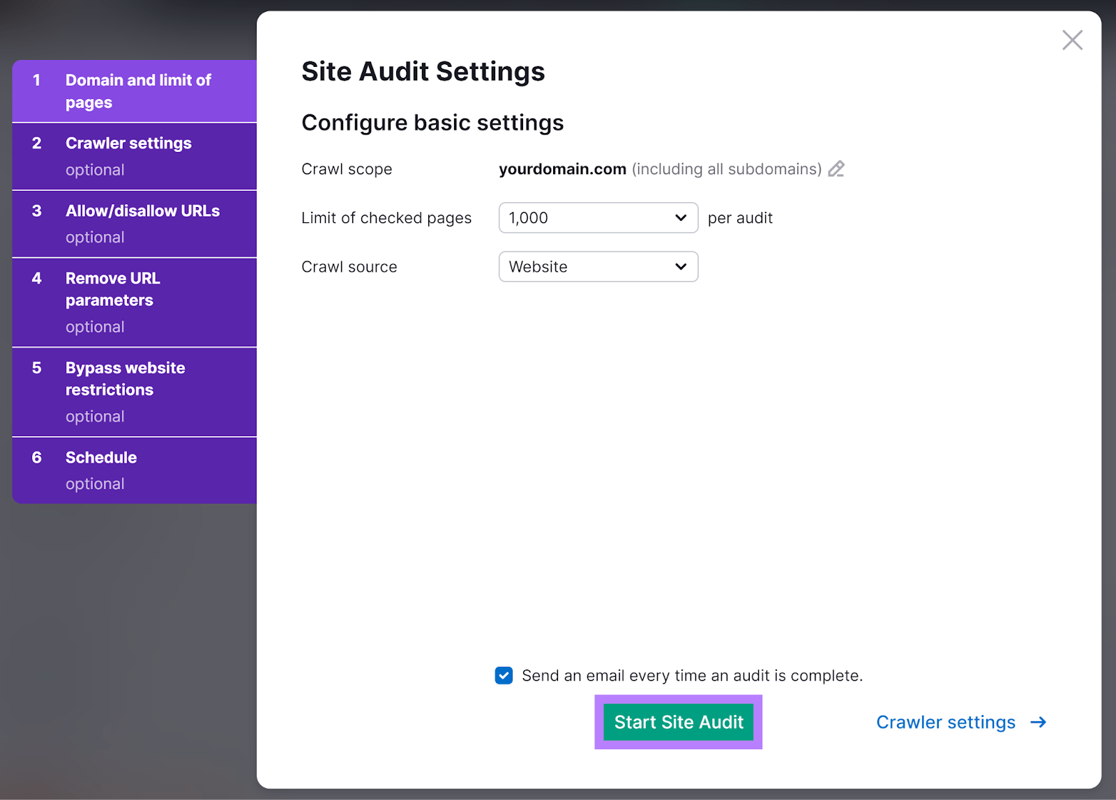 Site Audit settings popup with Start Site Audit button highlighted