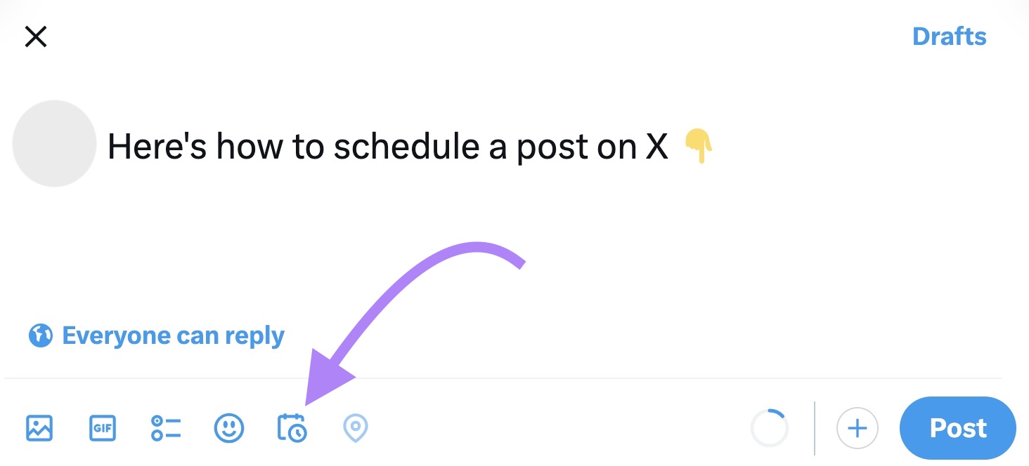 Scheduling a post on X by clicking the calendar icon.