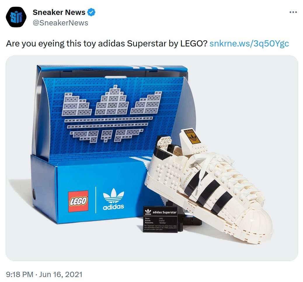 Sneaker News's post on X about Adidas and Lego's collaboration