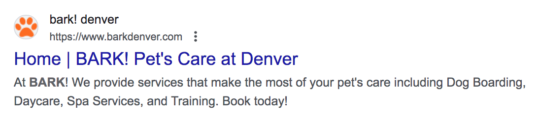 Title tag on SERP that reads: "Home | BARK! Pet's Care at Denver"