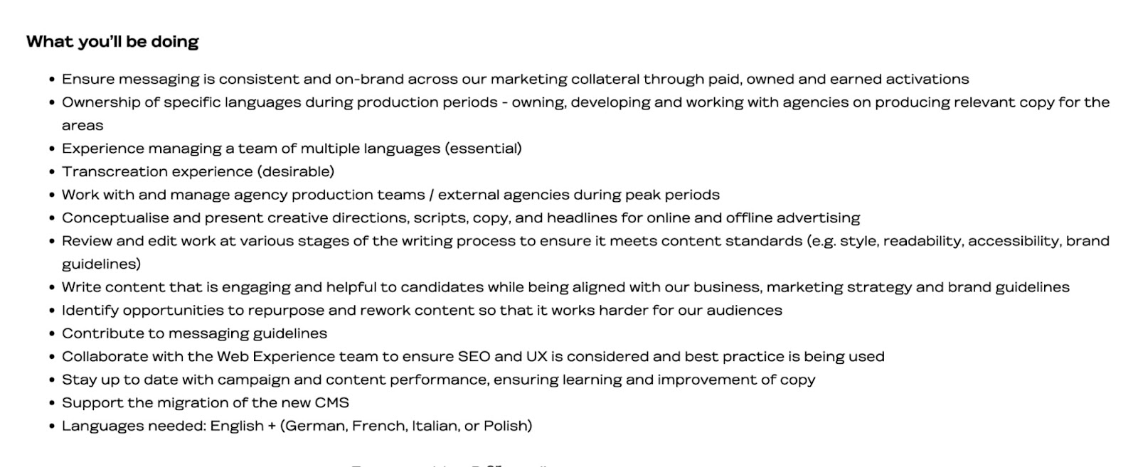 A job description for a Senior/Lead Copywriter position