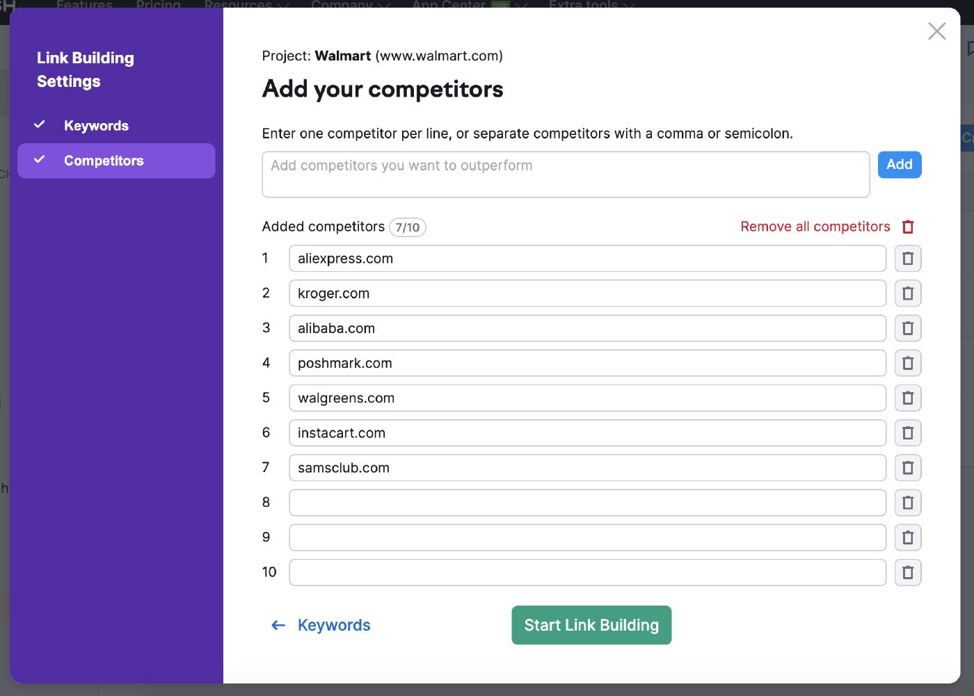 "Add your compe،ors" page in Link Building tool