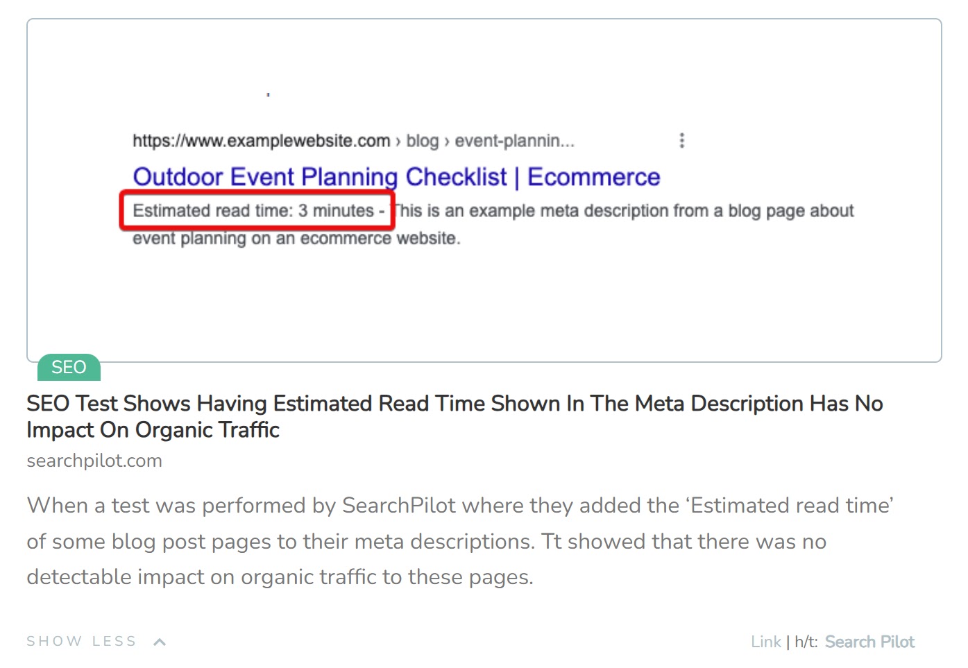 A meta description test included in TL;DR Marketing newsletter
