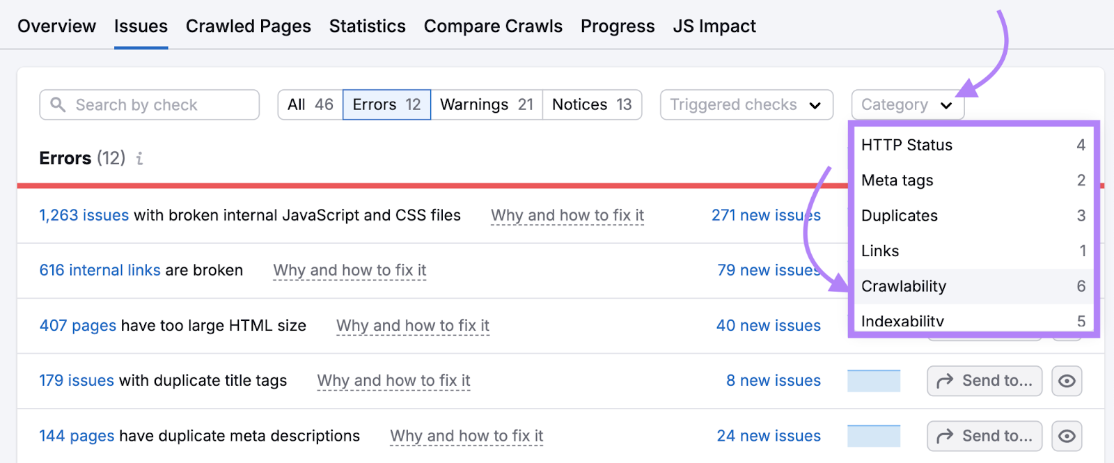 crawlability selected from the category drop down