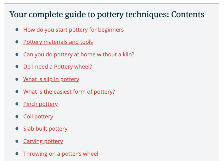 Guide to Pottery Techniques's table of contents