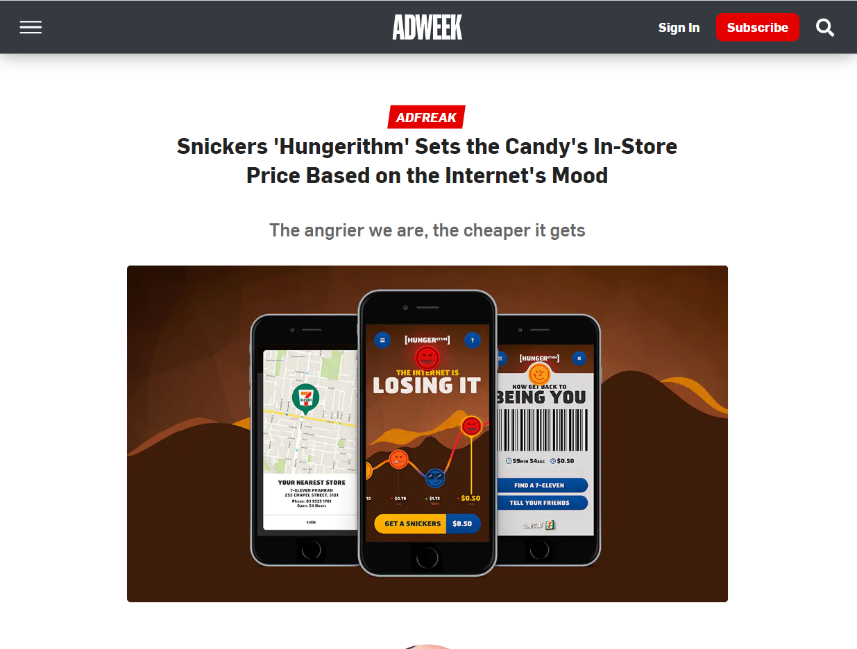 An article on Adweek about Snickers' ‘You're Not You When You're Hungry’ campaign
