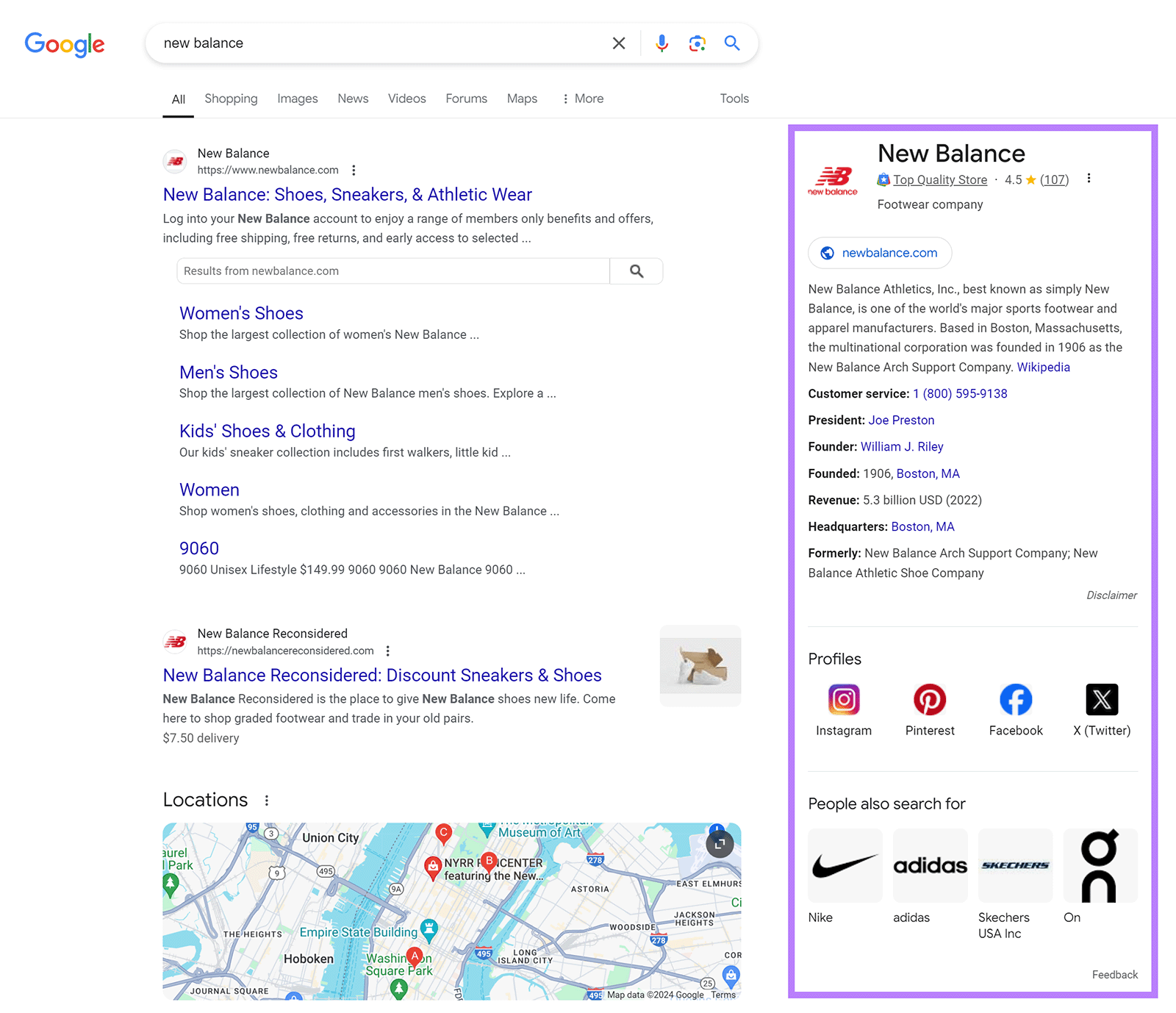 Google results page with New Balance's knowledge panel highlighted