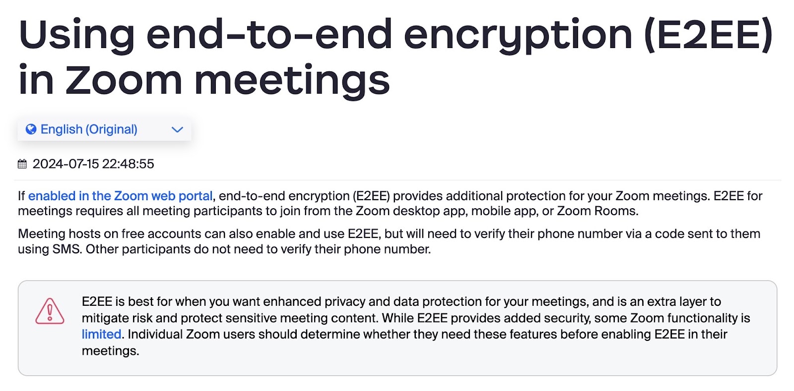 Blog station  by Zoom highlighting their caller   end-to-end encryption feature.