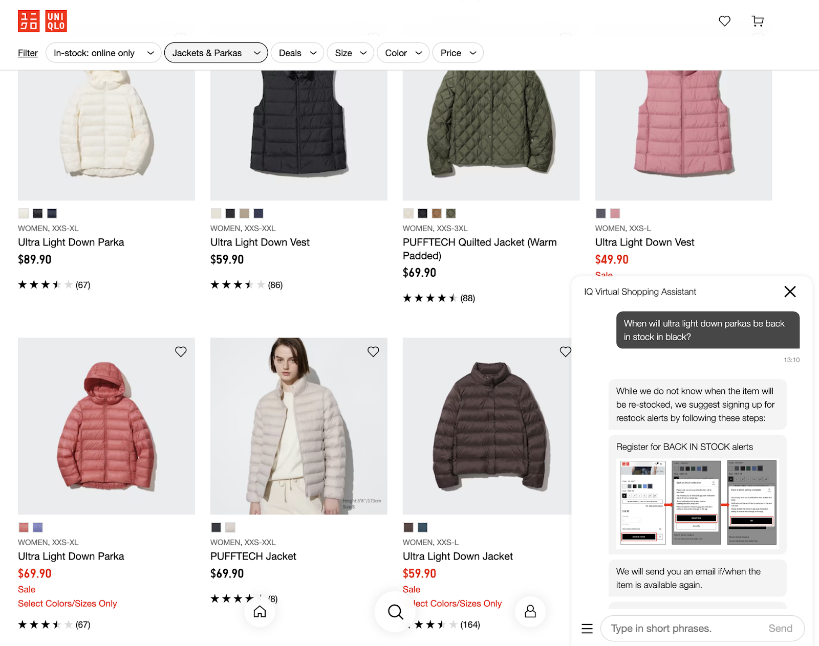 uniqlo jackets page with ai chatbot in the corner