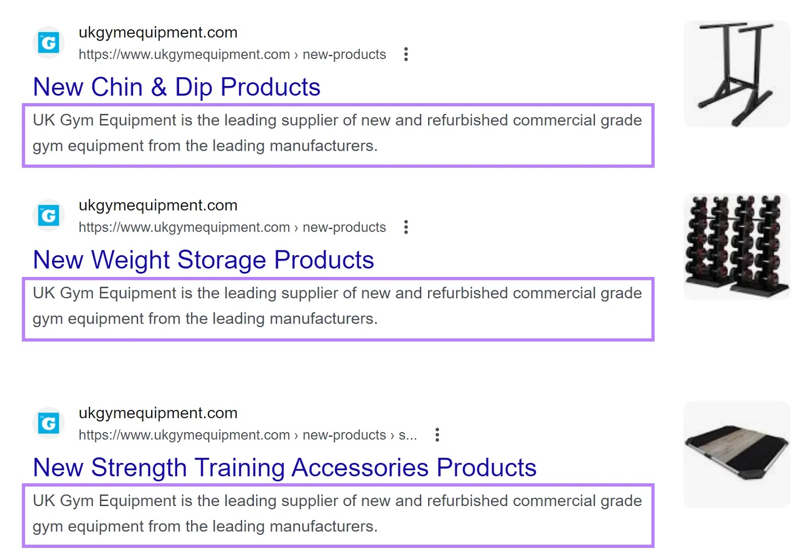 Search engine results page showing duplicate meta descriptions for different pages.