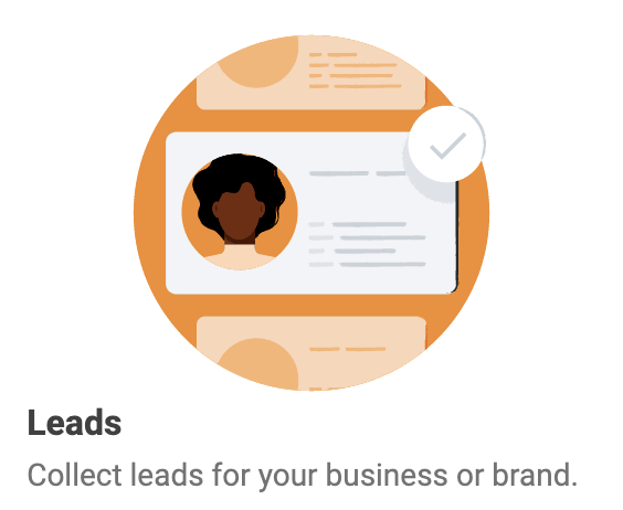 "Leads" widget in Ads Manager that reads: "Collect leads for your business or brand."