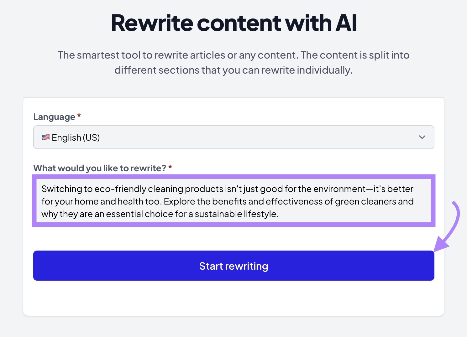 "Rewrite content with AI" page with text entered and the "Start rewriting" button clicked.