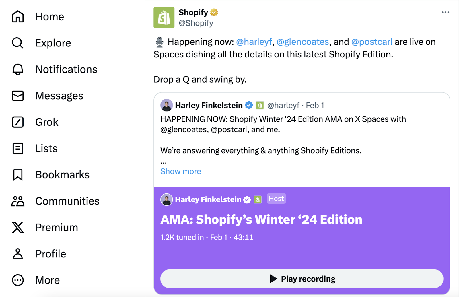 Shopify shared Harley Finkelstein's post about audio conversations on X Spaces