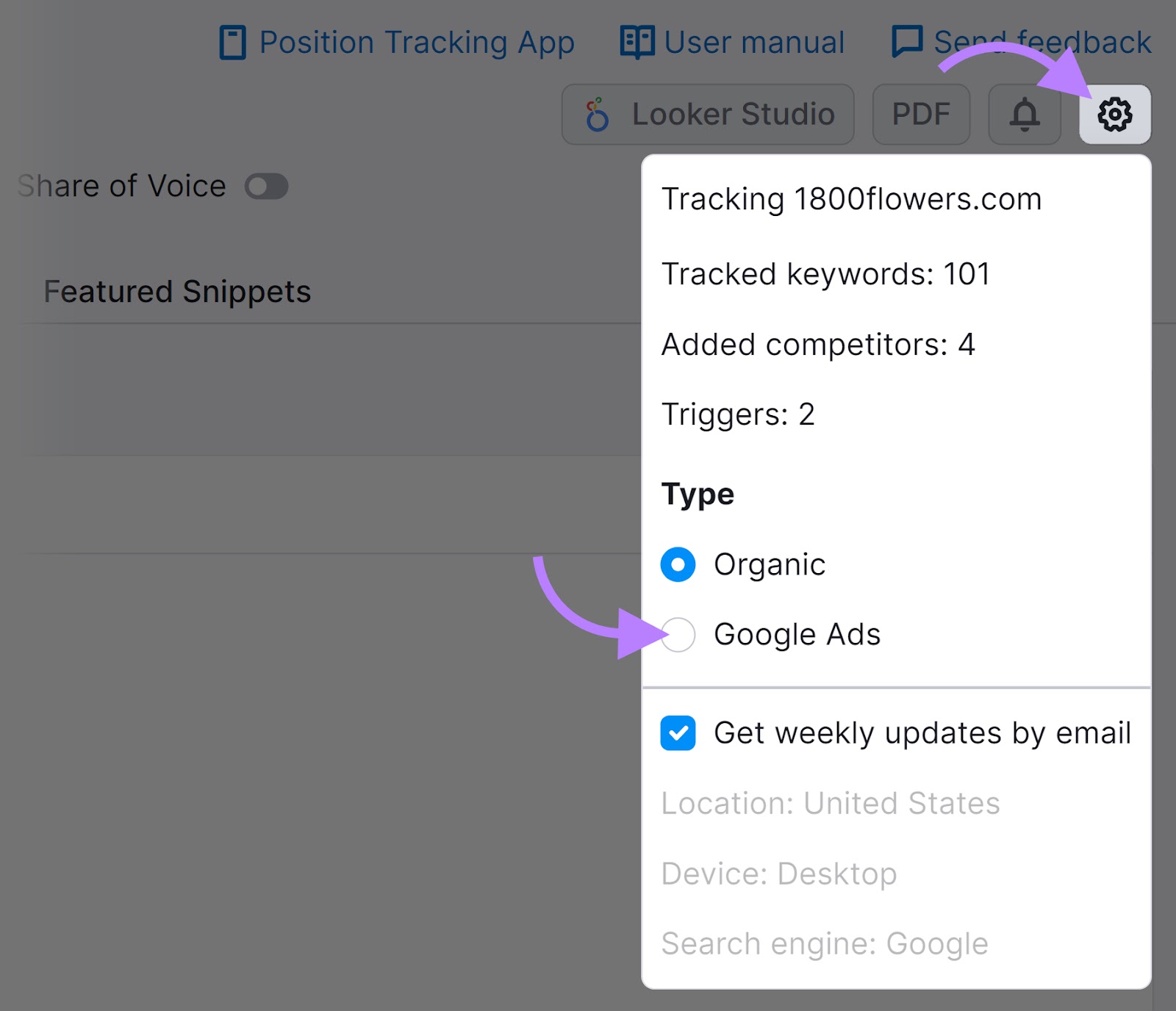 Position Tracking tool showing the gear icon location and an arrow pointing to the "Google Ads" type.