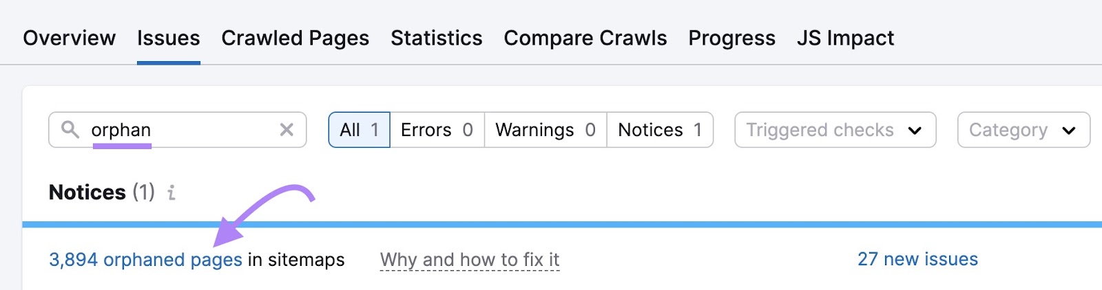 Best Practices for SEO Site Structures 14 Site Audit Issues page with "orphan" entered in the search bar and "3,894 orphaned pages in sitemaps" highlighted