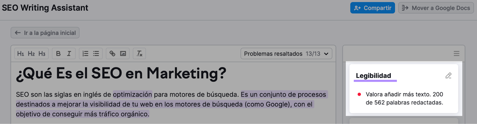 SEO Writing Assistant de Semrush legibilidad