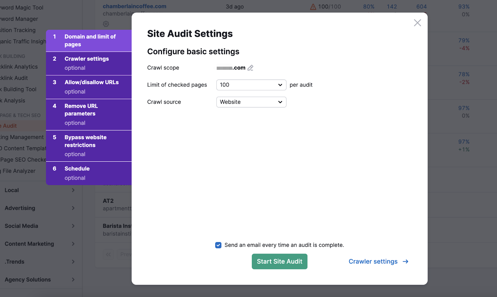 "Site Audit Settings" window in Site Audit tool