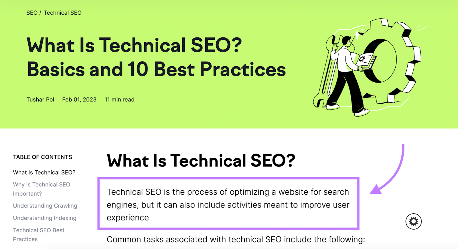 Semrush article beginning with "What Is Technical SEO" h1