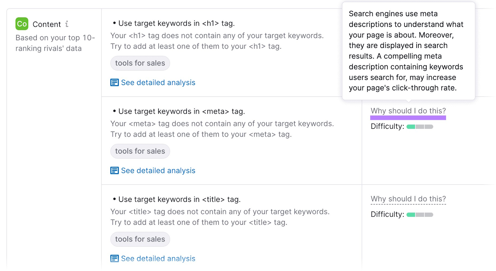 "Content" optimization suggestions in On Page SEO Checker