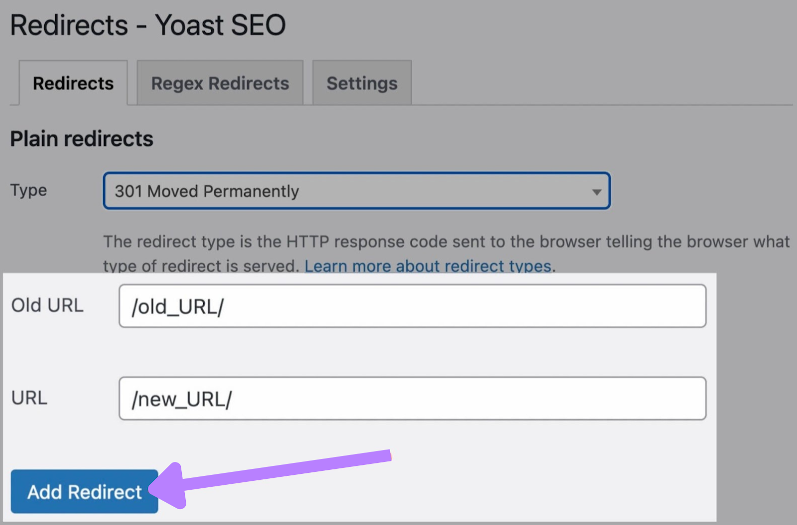 "Redirects" onglet de la prime Yoast SEO avec le bouton "Ajouter une redirection" en surbrillance.