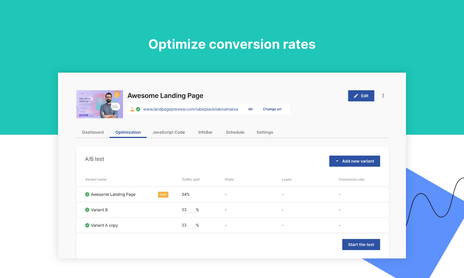 Built-in A/B testing feature in Landing Page Builder app