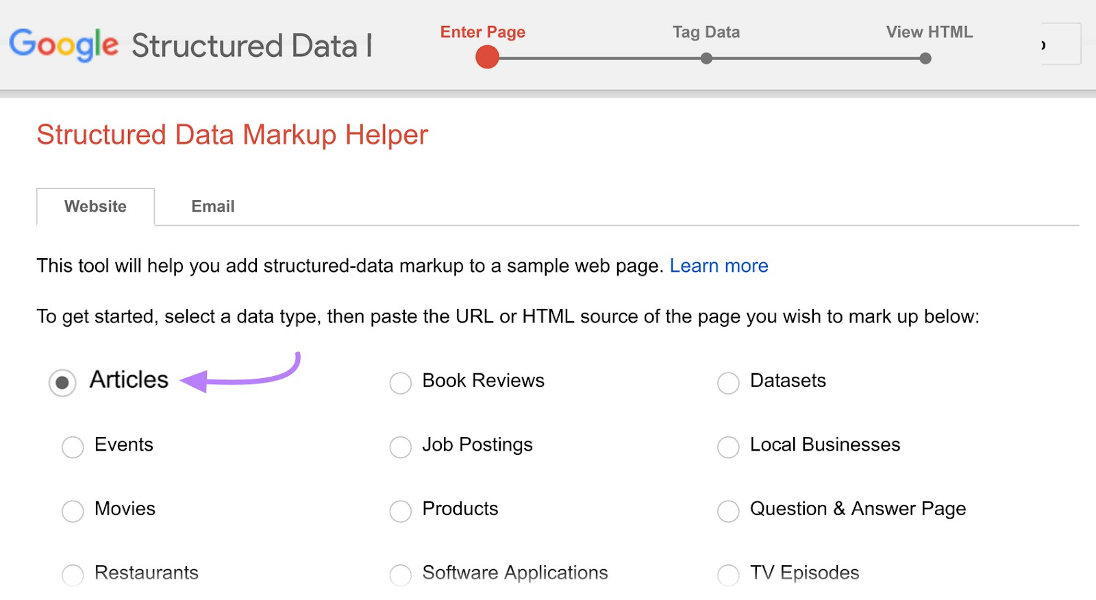 Choose a data type in Structured Data Markup Helper