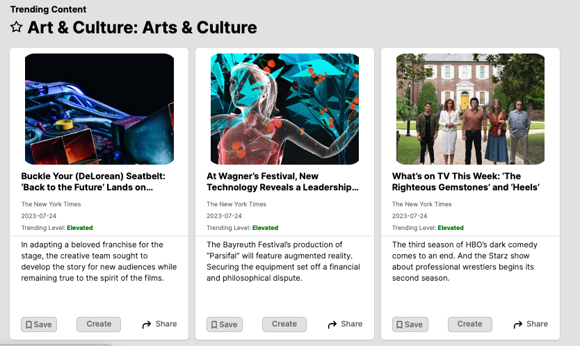 A screenshot of the TrendFeed app shows a curated list of trending arts and culture stories from across the web. 