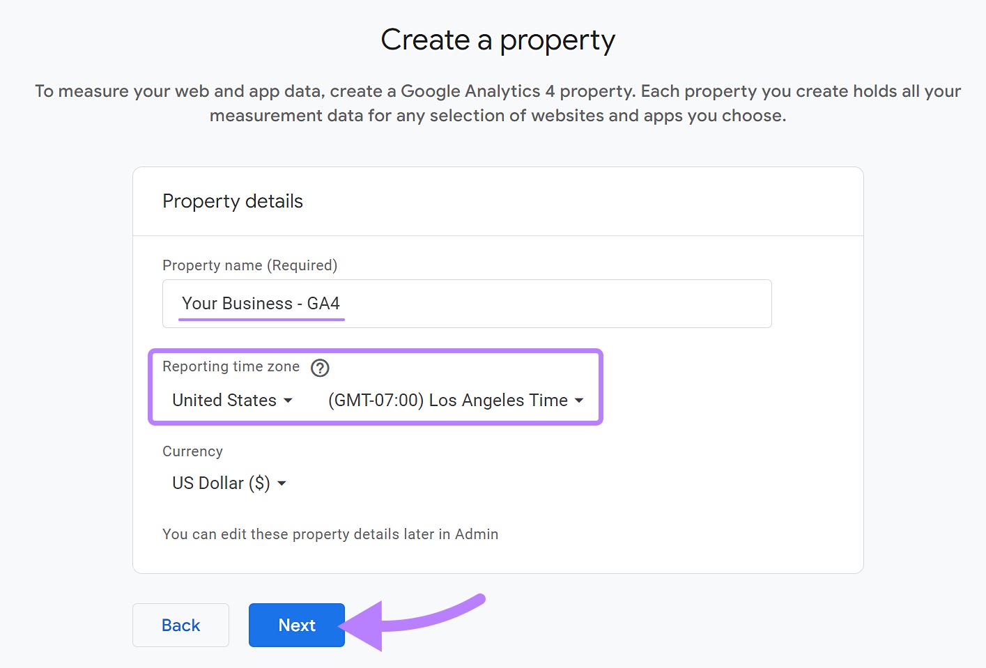 "Create a property" page in GA4