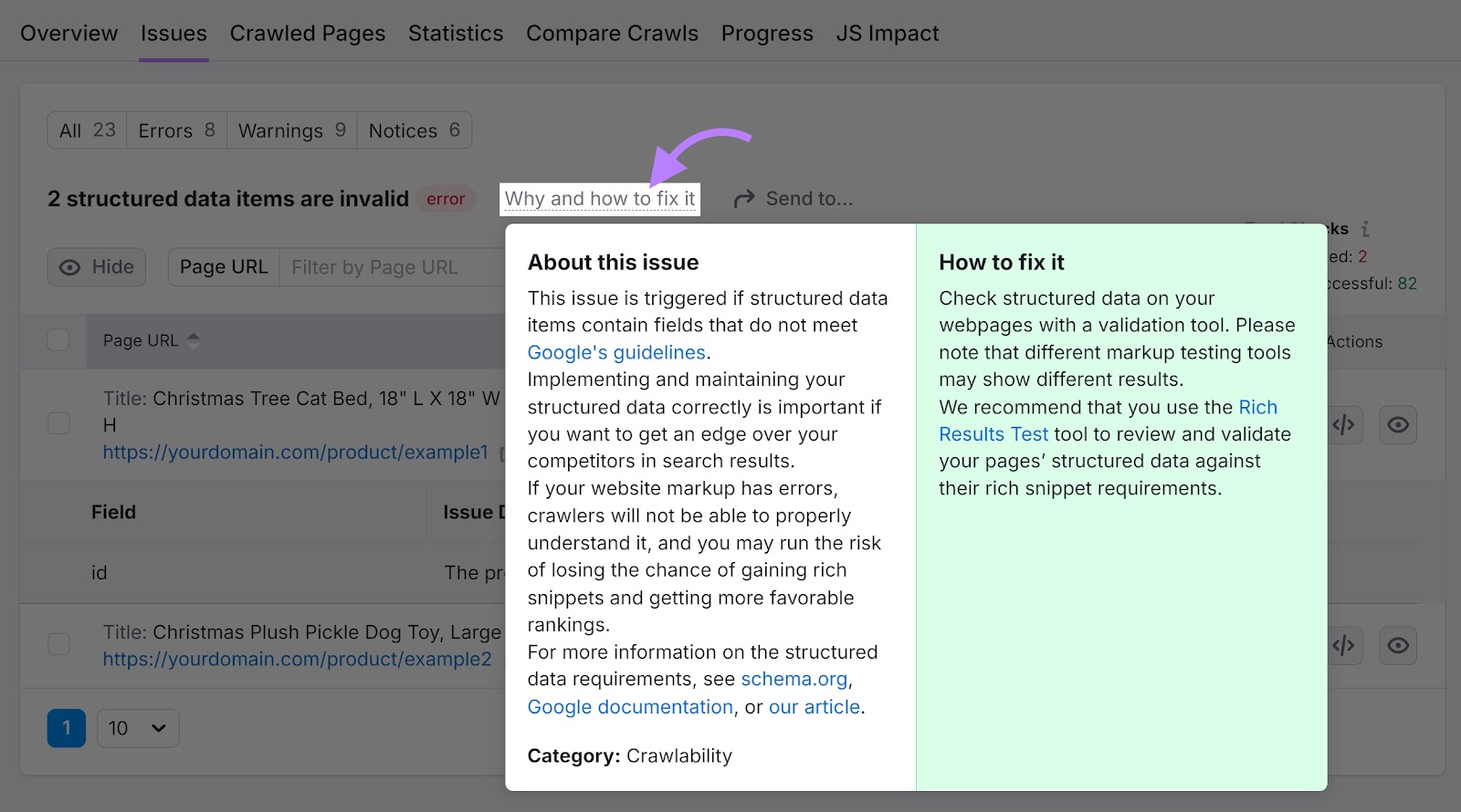 "2 structured data items are invalid" report with the "Why and how to fix it" window highlighted.