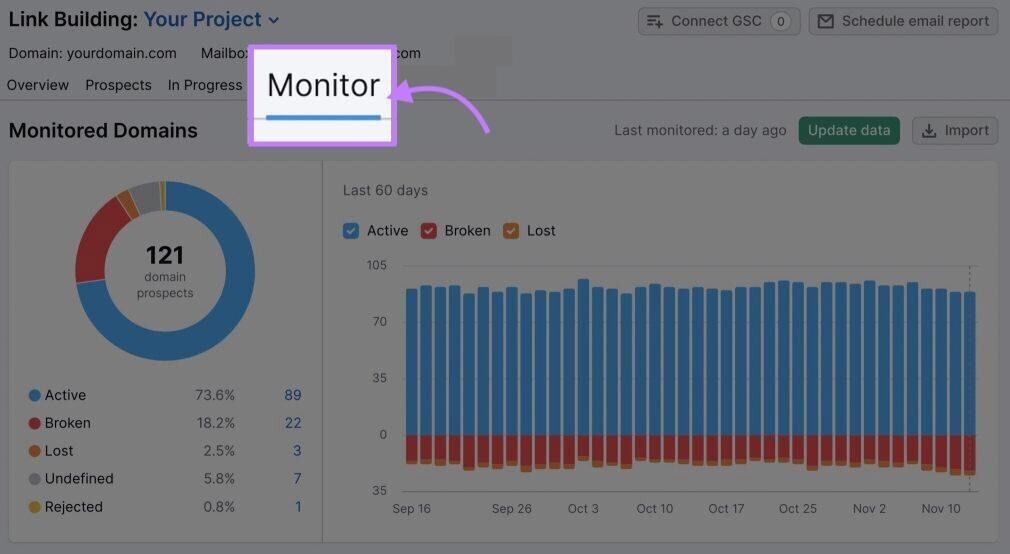 Link Building Tool's “Monitor” tab