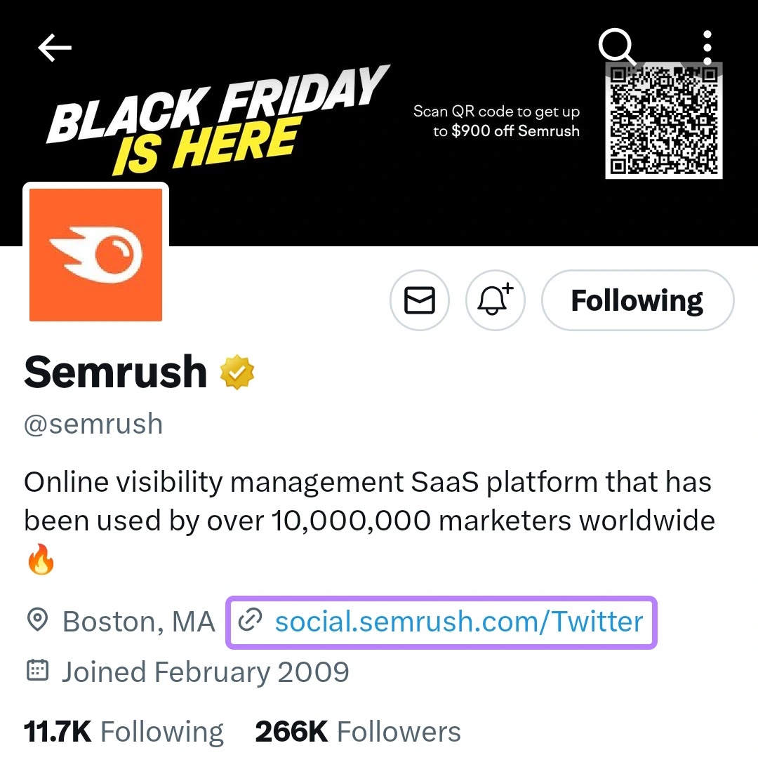 Semrush homepage link on Semrush's profile on X