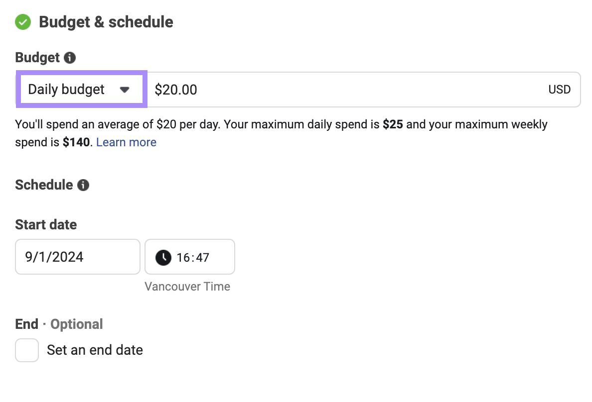 Setting a daily budget in Ads Manager under "Budget & schedule" section