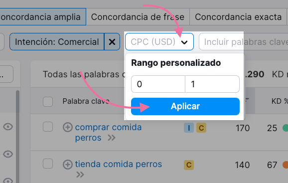 También puedes filtrar los datos para encontrar palabras clave que tengan un CPC bajo