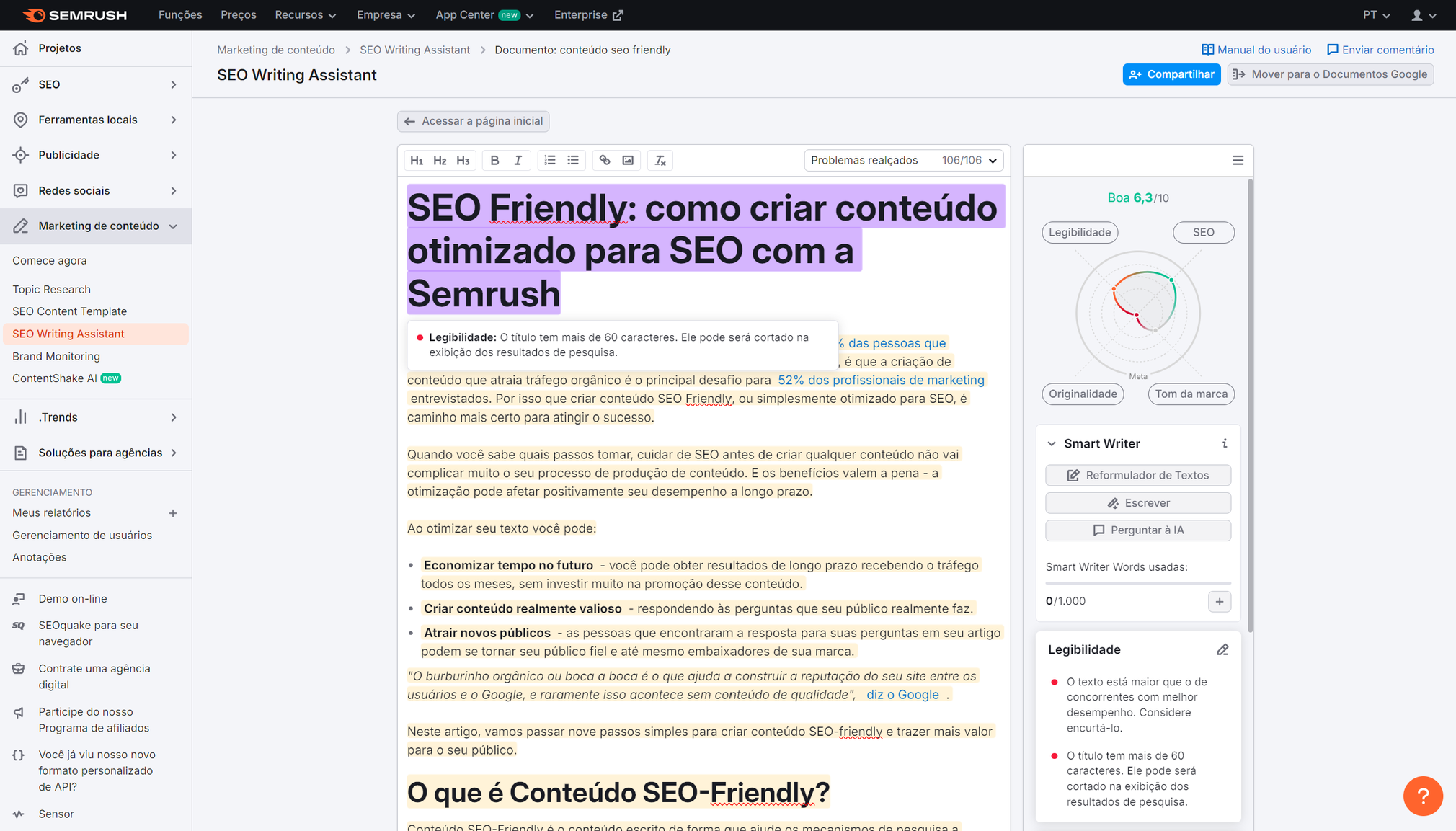 Gerador de Conteúdo de IA - SEO Writing Assistant da Semrush