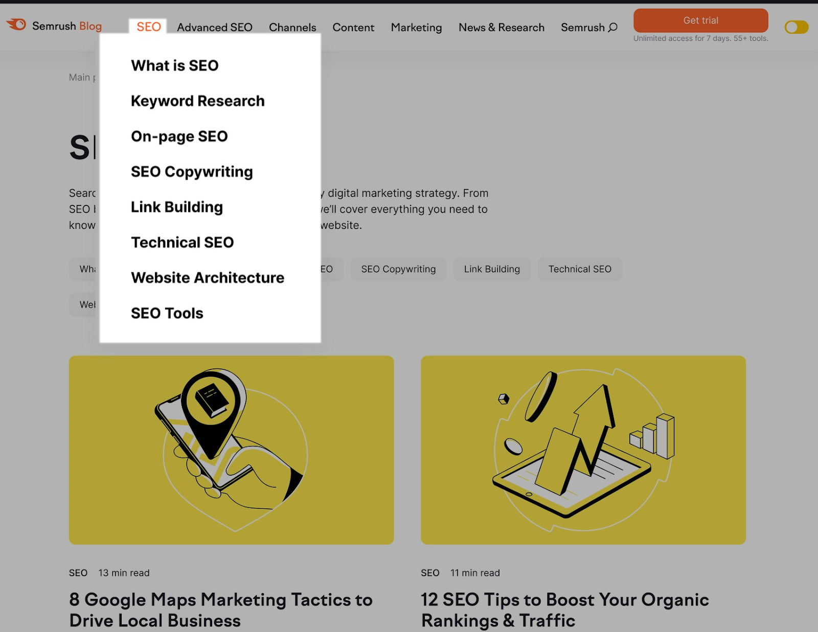 Semrush Blog subcategories for "SEO" category in the navigation menu