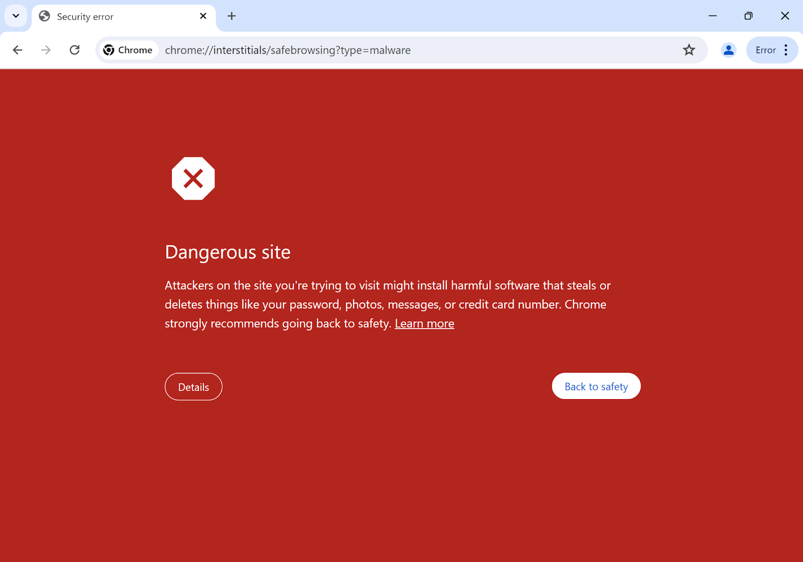 Google Chrome Malware error page