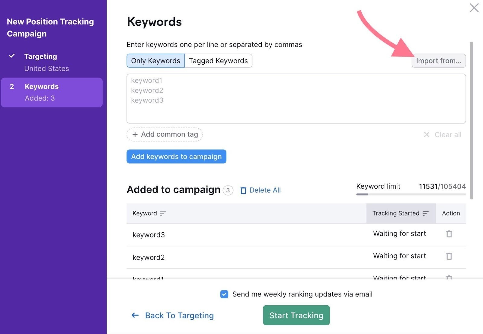 add keywords to campaign step