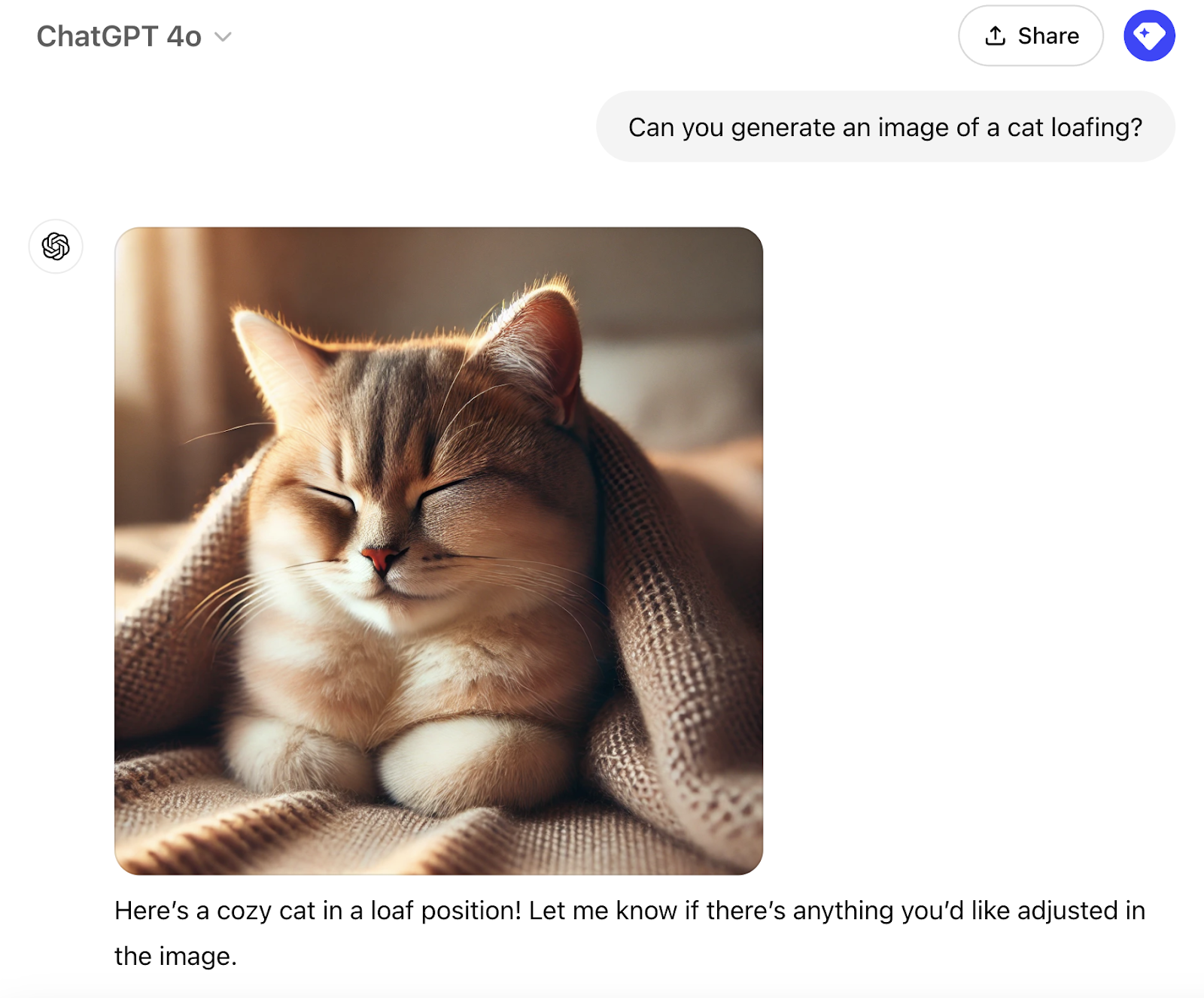 "Can you generate an image of a cat loafing?" is the prompt and the response is an AI-generated image of a cat snuggling in a blanket with its eyes closed.