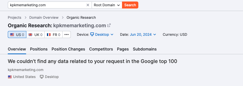 "Overview" tab of the Organic Research tool using "kpkmemarketing.com" as an example.
