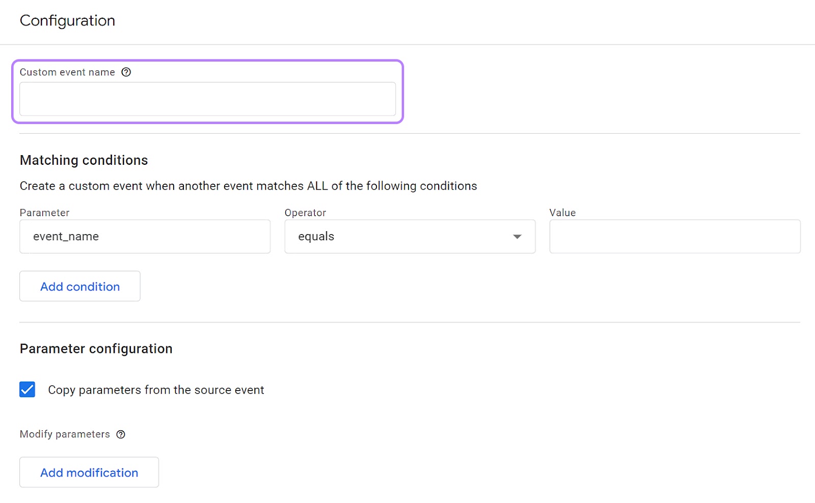 "Custom event name" field highlighted in the events configuration page