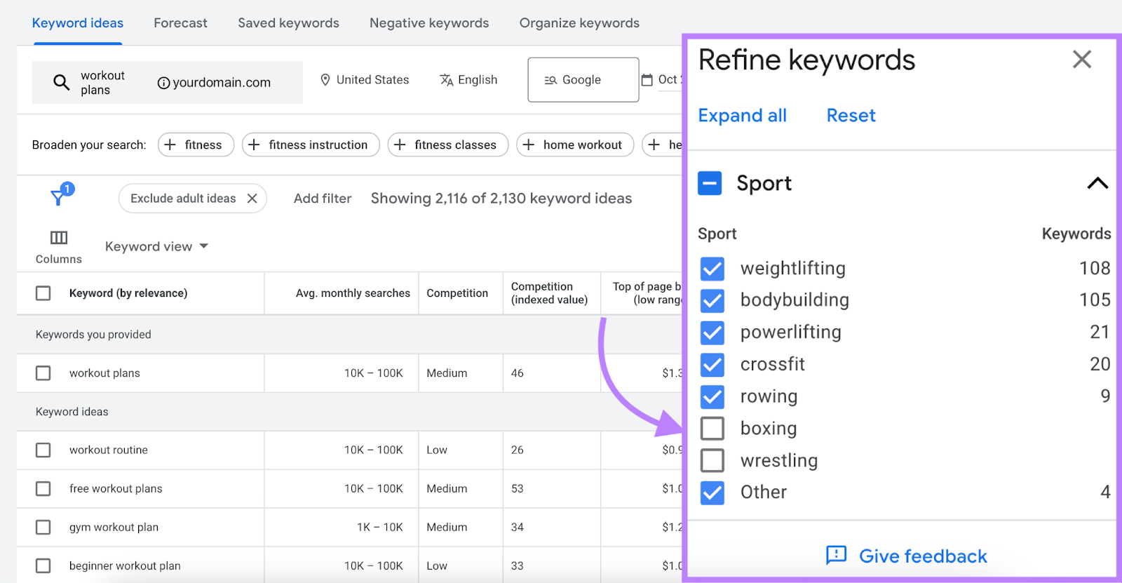 refine keywords option highlighted